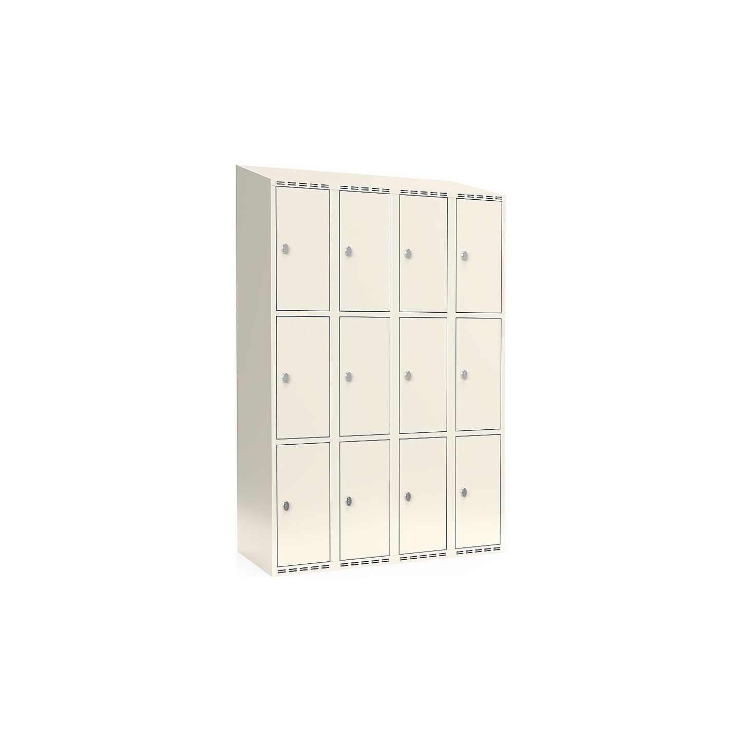 Fydor 3-fold compartment locker, 4 compartments, white, W 1200 mm, sloping roof shape, padlock.