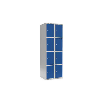 Fydor 4-fold compartment locker, 2 compartments, light grey / gentian blue, W 600 mm, flat roof shape, cylinder lock.