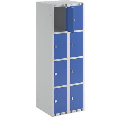 Fydor 4-fold compartment locker, 2 compartments, light grey / gentian blue, W 600 mm, flat roof shape, padlock.