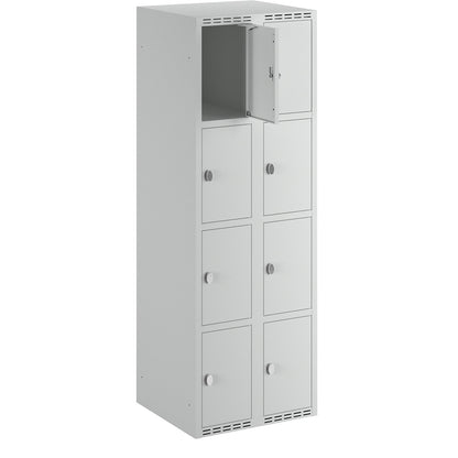 Fydor 4-fold compartment locker, 2 compartments, light grey, W 600 mm, flat roof shape, padlock.