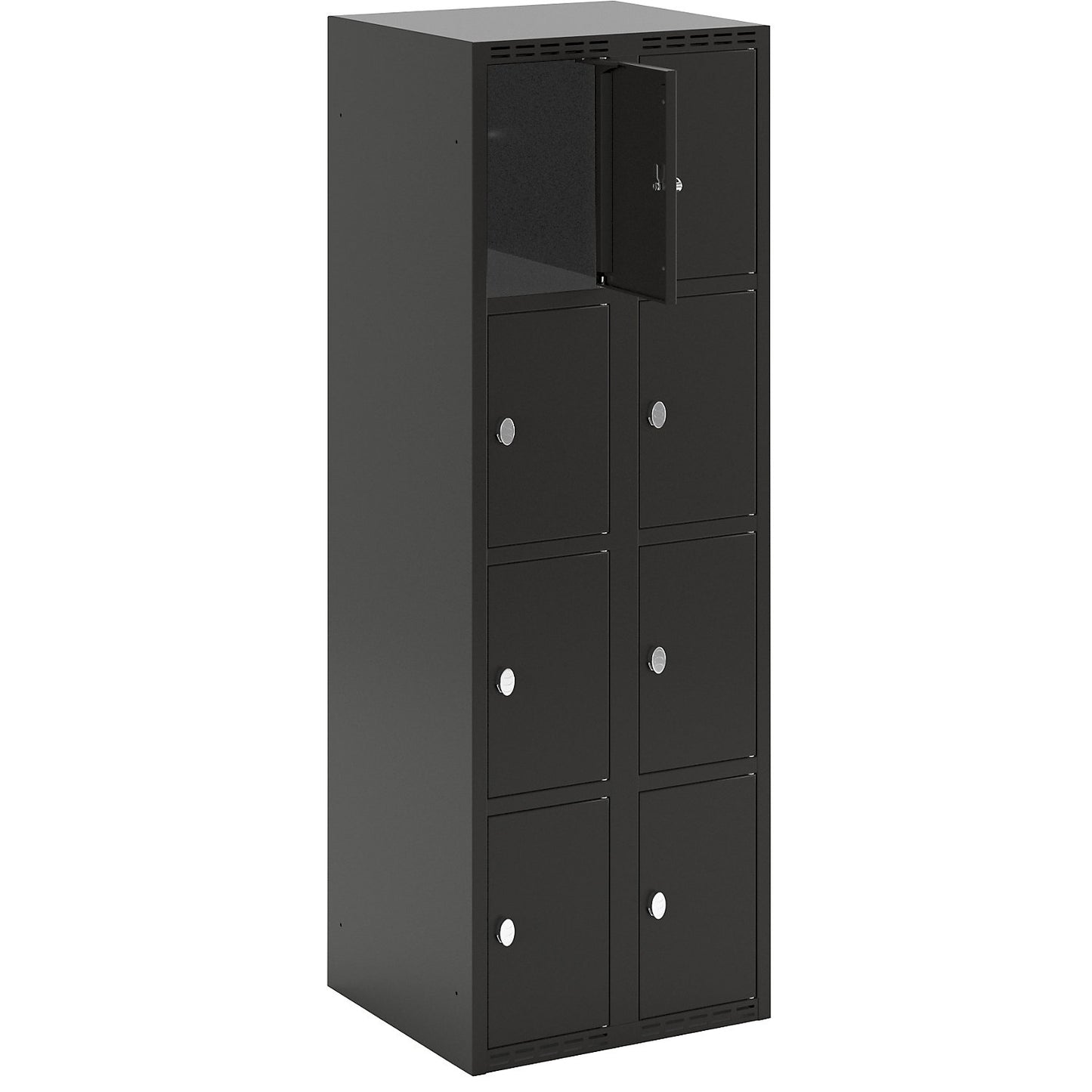 Fydor 4-fold compartment locker, 2 compartments, black, W 600 mm, flat roof shape, padlock.