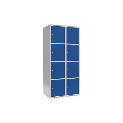 Fydor 4-fold compartment locker, 2 compartments, light grey / gentian blue, W 800 mm, flat roof shape, cylinder lock.