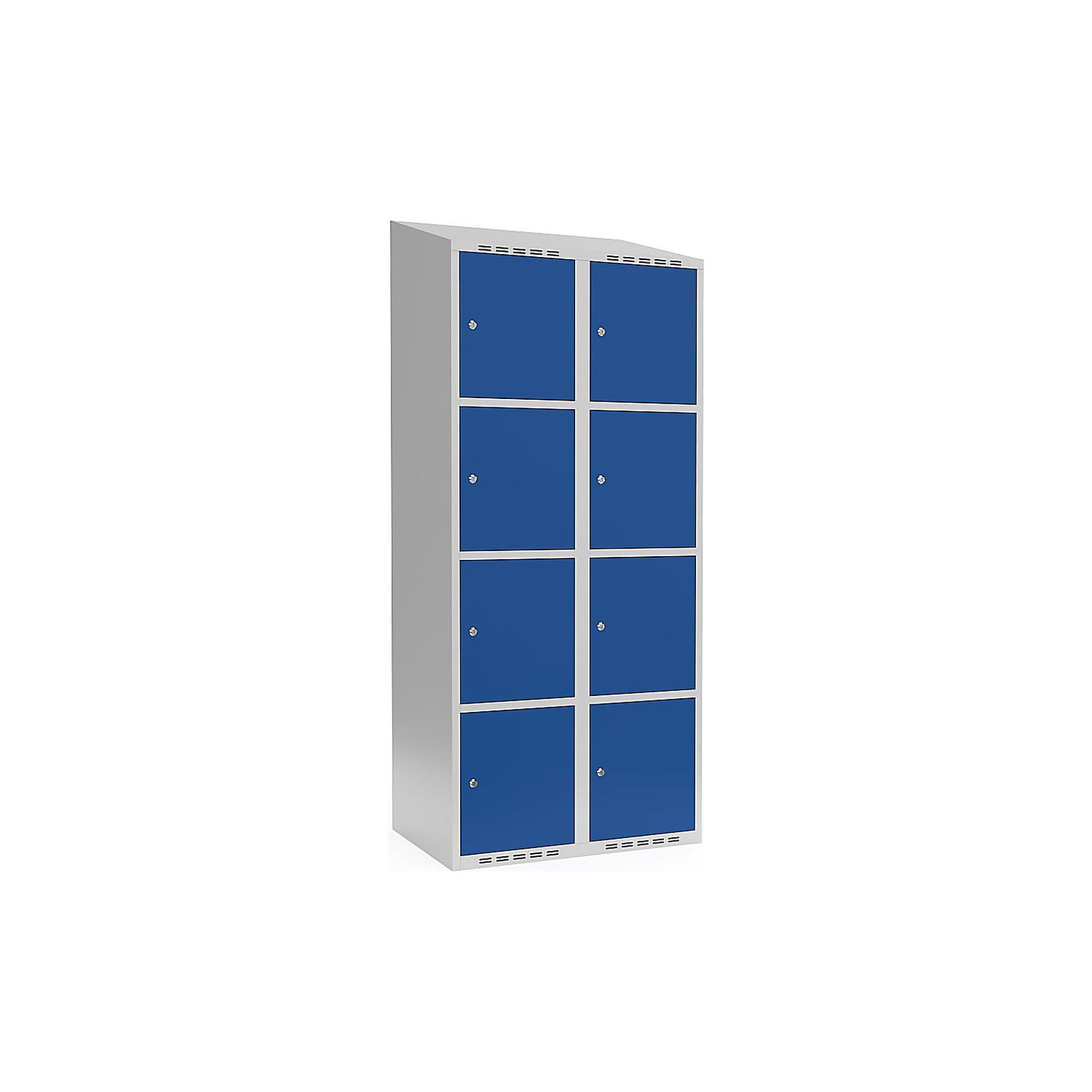 Fydor 4-fold compartment locker, 2 compartments, light grey / gentian blue, W 800 mm, sloping roof shape, cylinder lock.