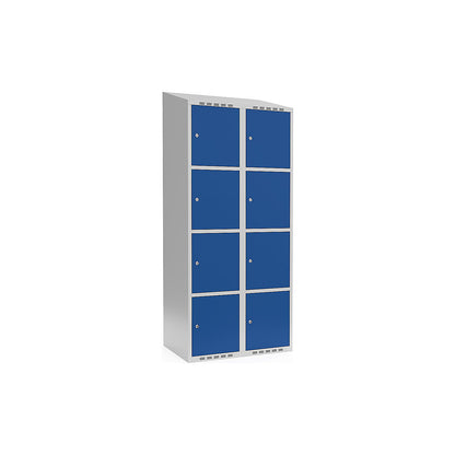 Fydor 4-fold compartment locker, 2 compartments, light grey / gentian blue, W 800 mm, sloping roof shape, cylinder lock.