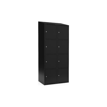 Fydor 4-fold compartment locker, 2 compartments, black, W 800 mm, sloping roof shape, cylinder lock.