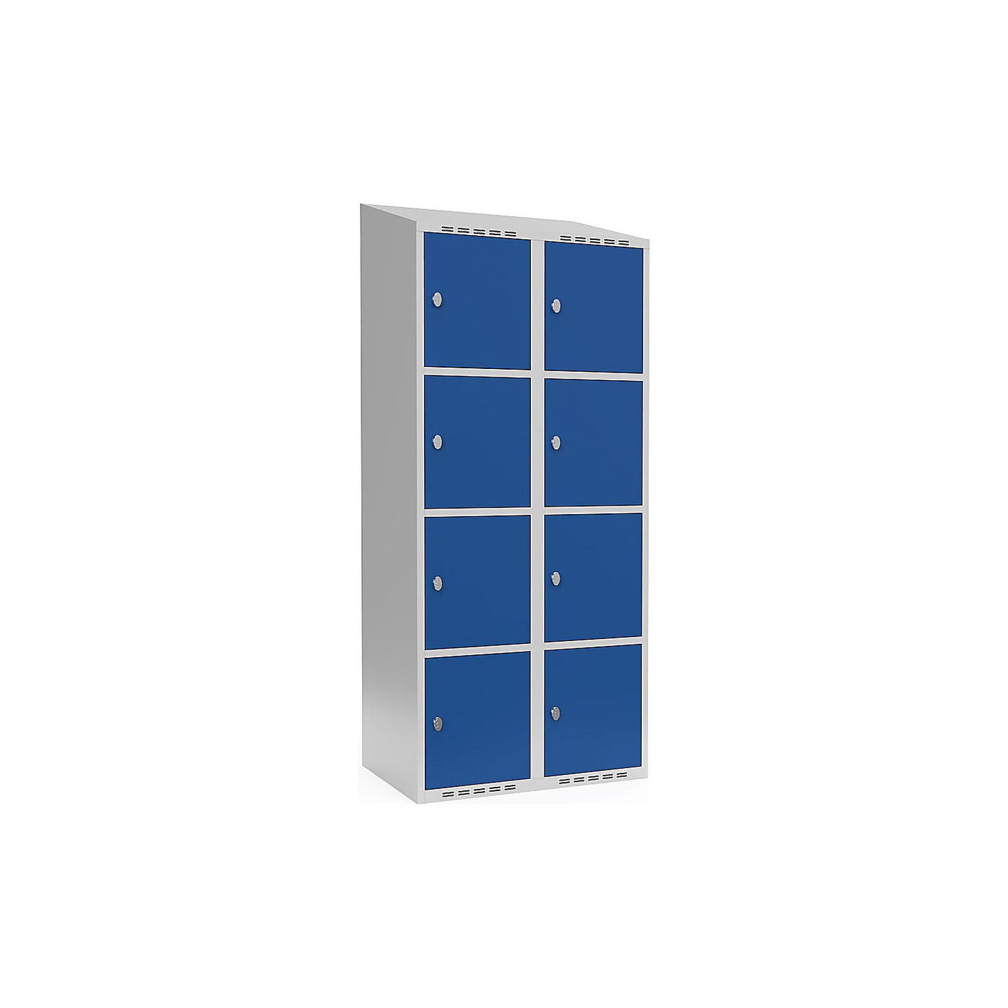 Fydor 4-fold compartment locker, 2 compartments, light grey / gentian blue, W 800 mm, sloping roof shape, padlock.