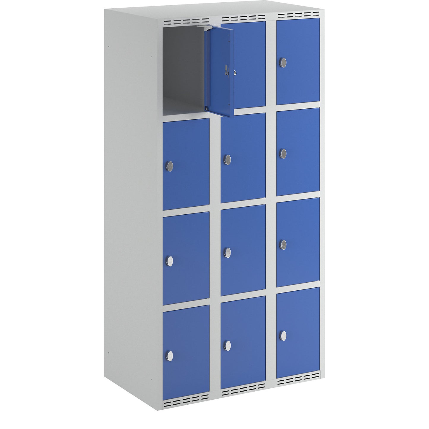 Fydor 4-fold compartment locker, 3 compartments, light grey / gentian blue, W 900 mm, flat roof shape, padlock.