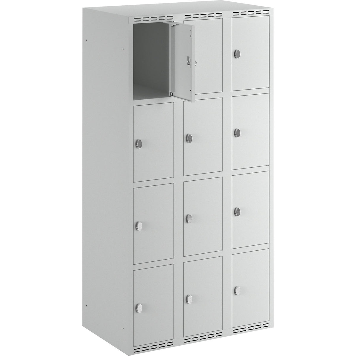 Fydor 4-fold compartment locker, 3 compartments, light grey, W 900 mm, flat roof shape, padlock.