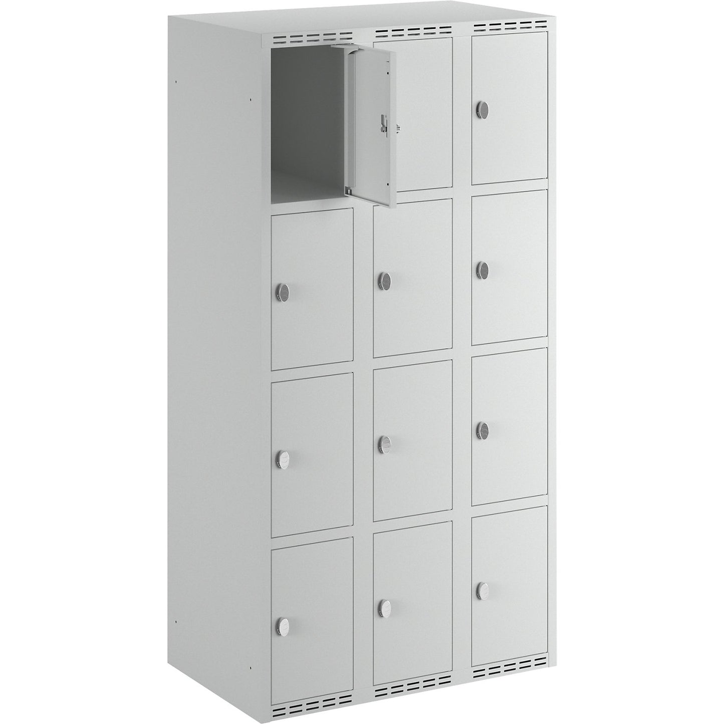 Fydor 4-fold compartment locker, 3 compartments, light grey, W 900 mm, flat roof shape, padlock.