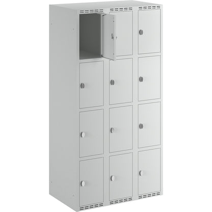 Fydor 4-fold compartment locker, 3 compartments, light grey, W 900 mm, flat roof shape, padlock.