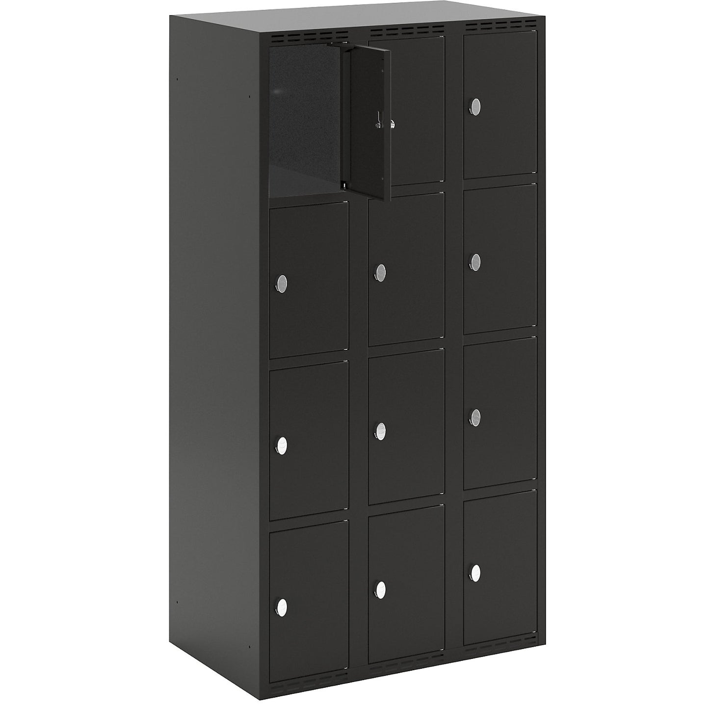 Fydor 4-fold compartment locker, 3 compartments, black, W 900 mm, flat roof shape, padlock.