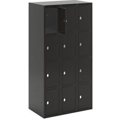 Fydor 4-fold compartment locker, 3 compartments, black, W 900 mm, flat roof shape, padlock.
