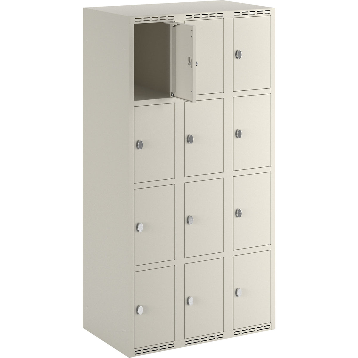 Fydor 4-fold compartment locker, 3 compartments, white, W 900 mm, flat roof shape, padlock.