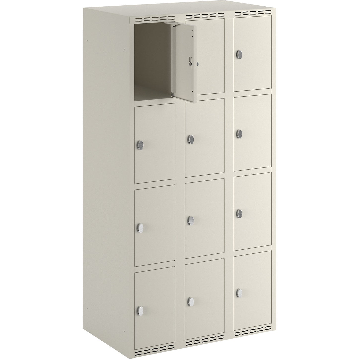Fydor 4-fold compartment locker, 3 compartments, white, W 900 mm, flat roof shape, padlock.