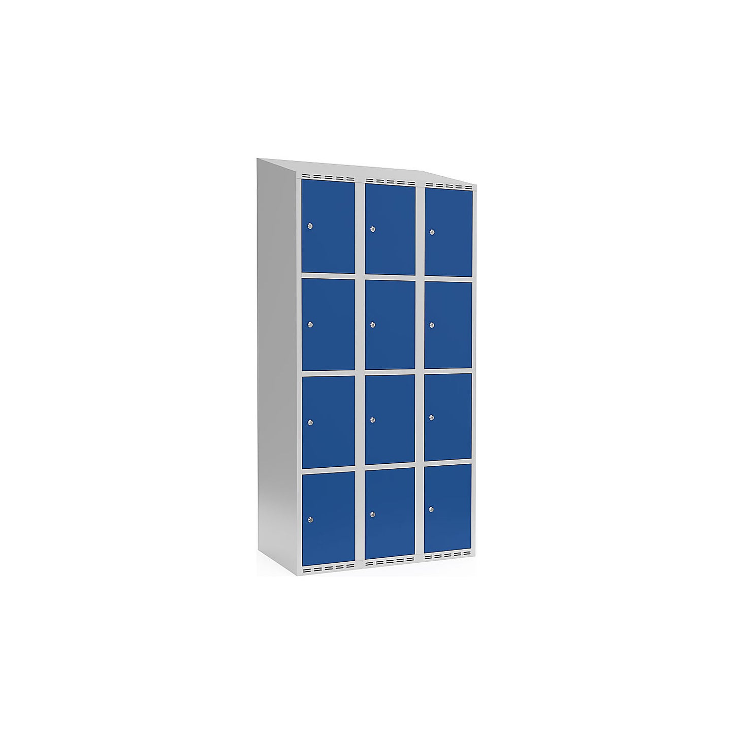 Fydor 4-fold compartment locker, 3 compartments, light grey / gentian blue, W 900 mm, sloping roof shape, cylinder lock.