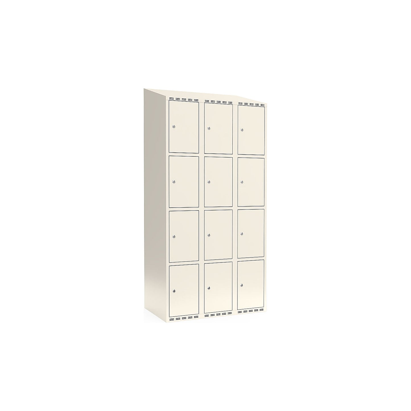 Fydor 4-fold compartment locker, 3 compartments, white, W 900 mm, sloping roof shape, cylinder lock.