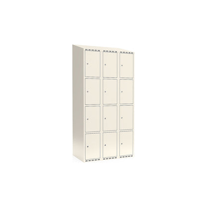 Fydor 4-fold compartment locker, 3 compartments, white, W 900 mm, sloping roof shape, cylinder lock.