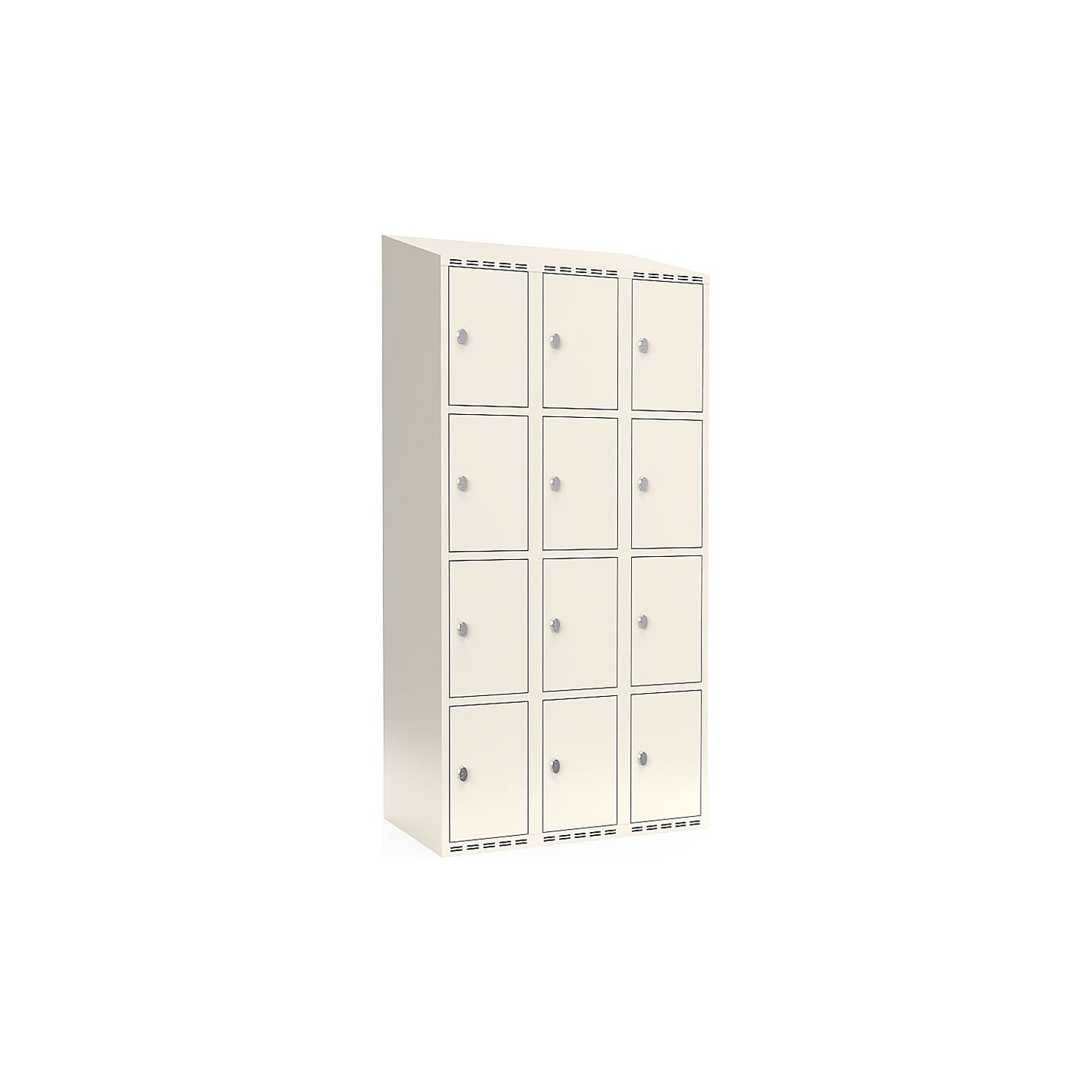 Fydor 4-fold compartment locker, 3 compartments, white, W 900 mm, sloping roof shape, padlock.
