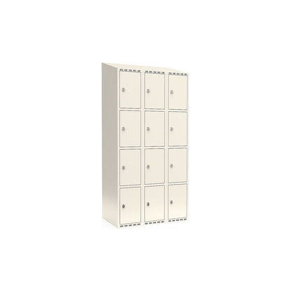 Fydor 4-fold compartment locker, 3 compartments, white, W 900 mm, sloping roof shape, padlock.