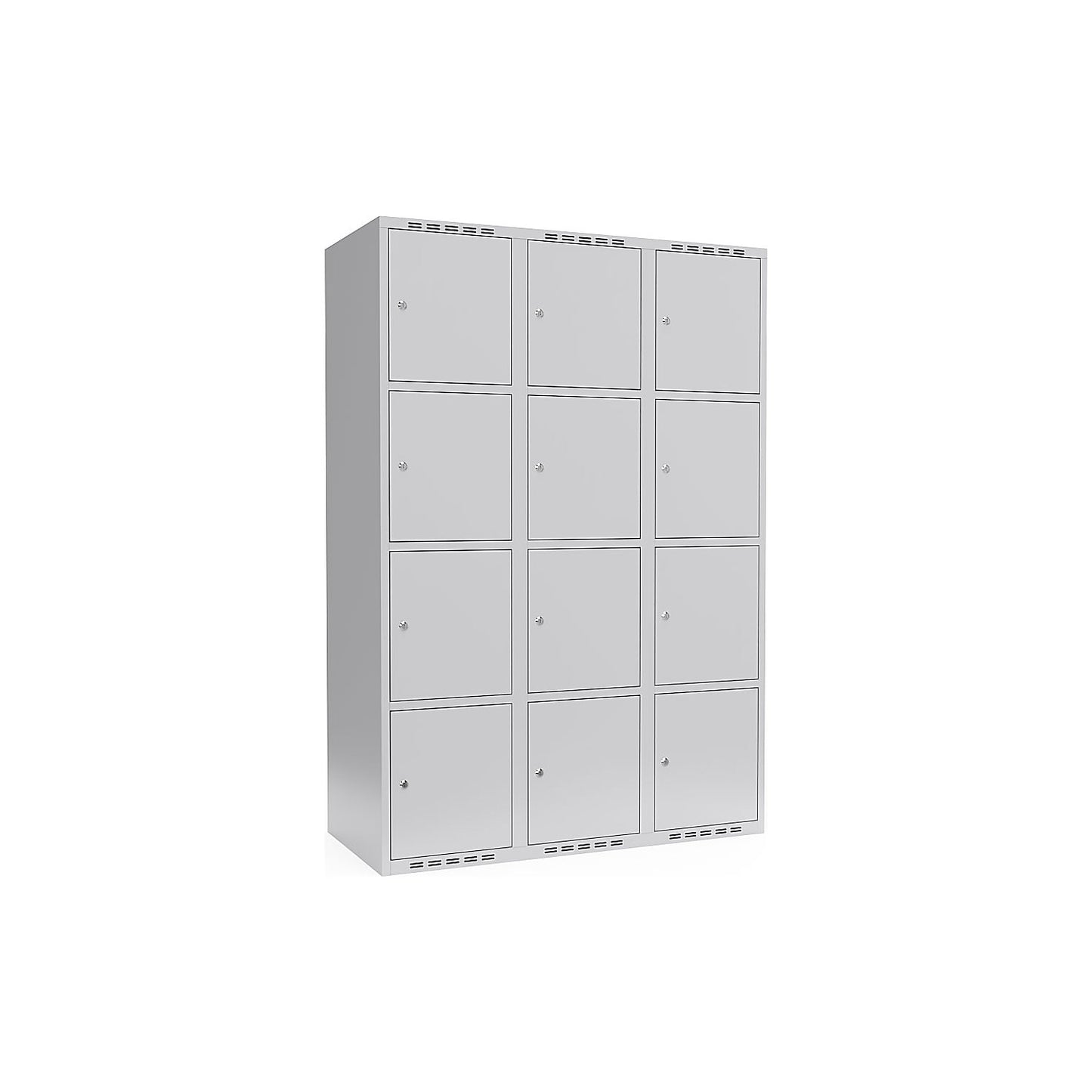 Fydor 4-fold compartment locker, 3 compartments, light grey, W 1200 mm, flat roof shape, cylinder lock.