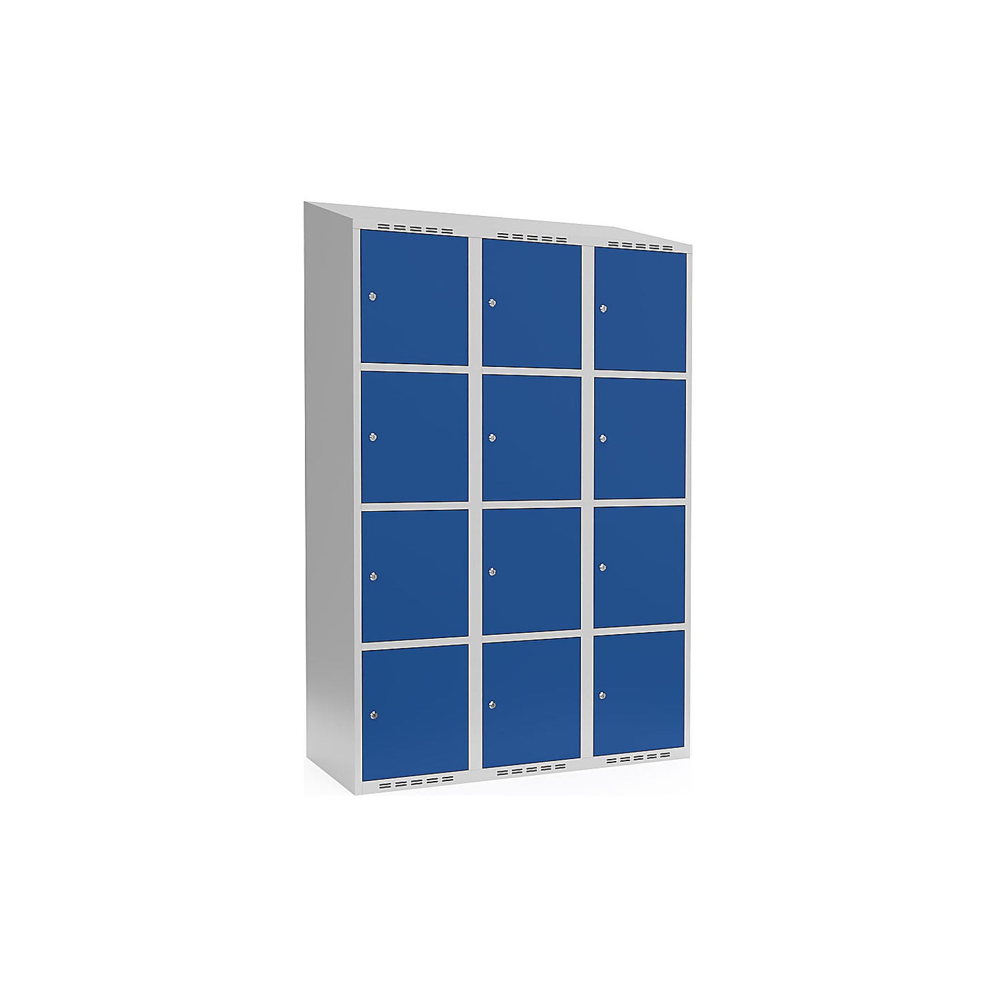 Fydor 4-fold compartment locker, 3 compartments, light grey / gentian blue, W 1200 mm, sloping roof shape, cylinder lock.