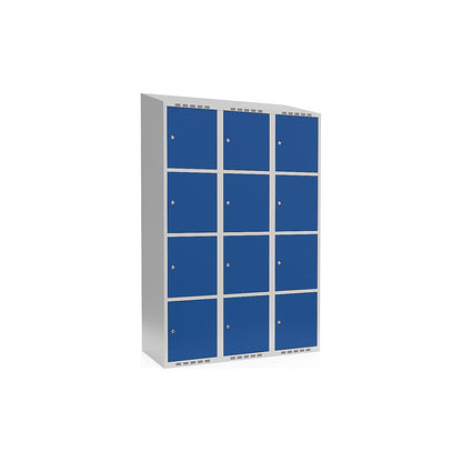 Fydor 4-fold compartment locker, 3 compartments, light grey / gentian blue, W 1200 mm, sloping roof shape, cylinder lock.