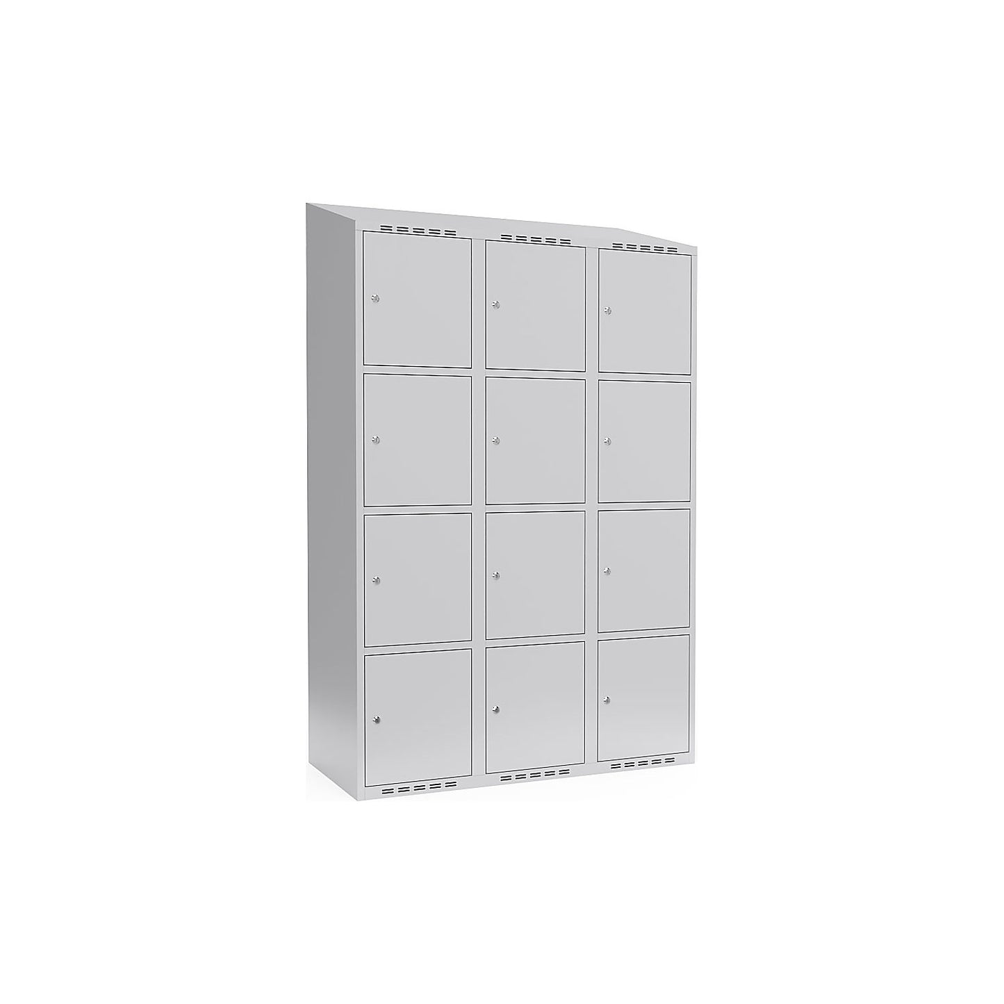 Fydor 4-fold compartment locker, 3 compartments, light grey, W 1200 mm, sloping roof shape, cylinder lock.