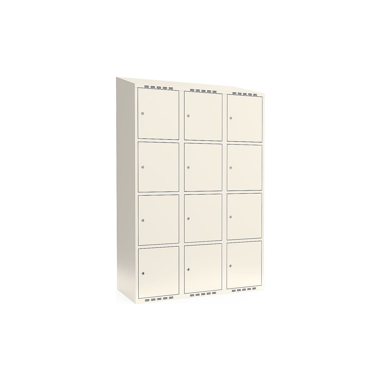 Fydor 4-fold compartment locker, 3 compartments, white, W 1200 mm, sloping roof shape, cylinder lock.