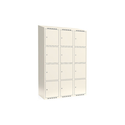 Fydor 4-fold compartment locker, 3 compartments, white, W 1200 mm, sloping roof shape, cylinder lock.