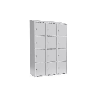 Fydor 4-fold compartment locker, 3 compartments, light grey, W 1200 mm, sloping roof shape, padlock.