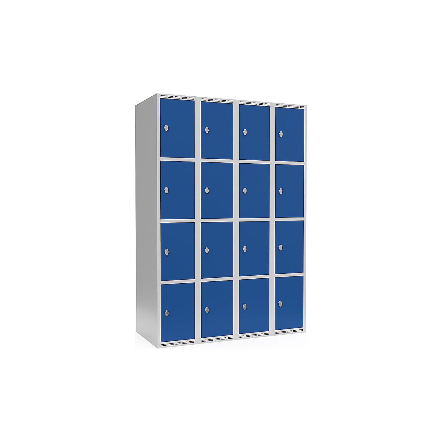 Fydor 4-fold compartment locker, 4 compartments, light grey / gentian blue, W 1200 mm, flat roof shape, padlock.