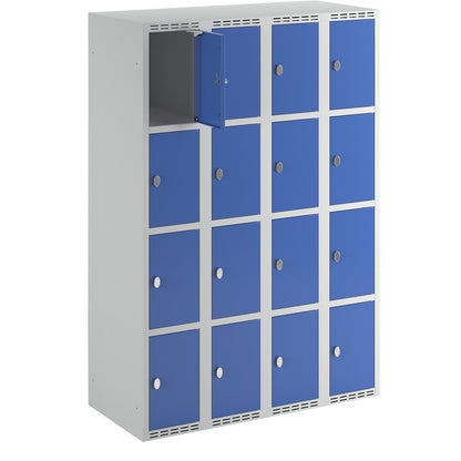 Fydor 4-fold compartment locker, 4 compartments, light grey / gentian blue, W 1200 mm, flat roof shape, padlock.