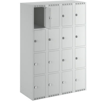 Fydor 4-fold compartment locker, 4 compartments, light grey, W 1200 mm, flat roof shape, padlock.