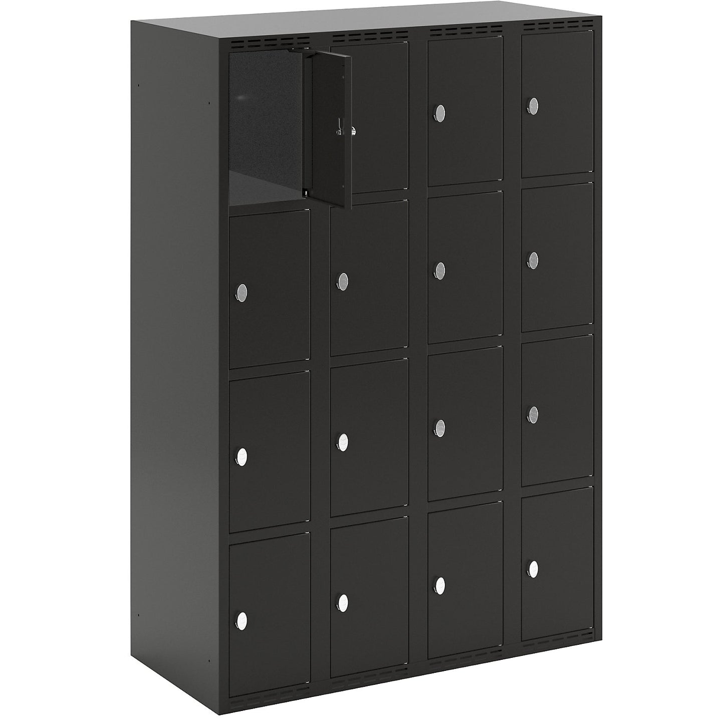 Fydor 4-fold compartment locker, 4 compartments, black, W 1200 mm, flat roof shape, padlock.