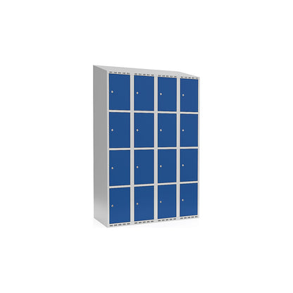 Fydor 4-fold compartment locker, 4 compartments, light grey / gentian blue, W 1200 mm, sloping roof shape, cylinder lock.