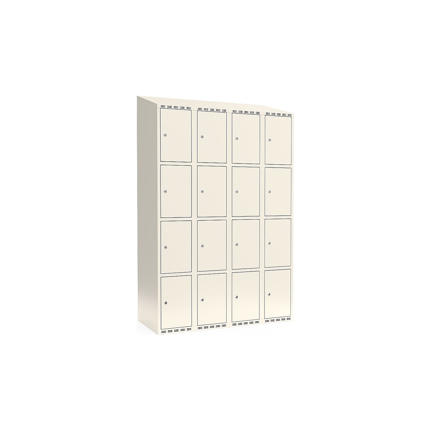 Fydor 4-fold compartment locker, 4 compartments, white, W 1200 mm, sloping roof shape, cylinder lock.