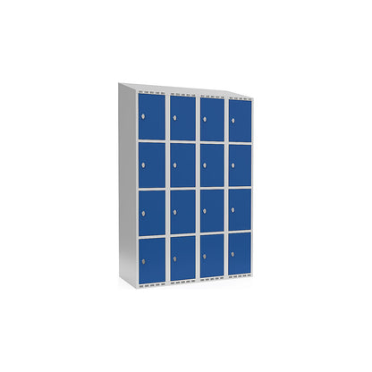 Fydor 4-fold compartment locker, 4 compartments, light grey / gentian blue, W 1200 mm, sloping roof shape, padlock.