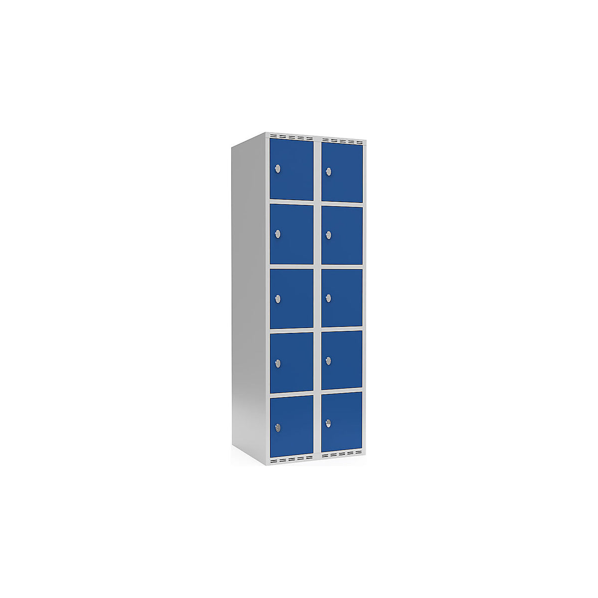 Fydor 5-fold compartment locker, 2 compartments, light grey / gentian blue, W 600 mm, flat roof shape, padlock.