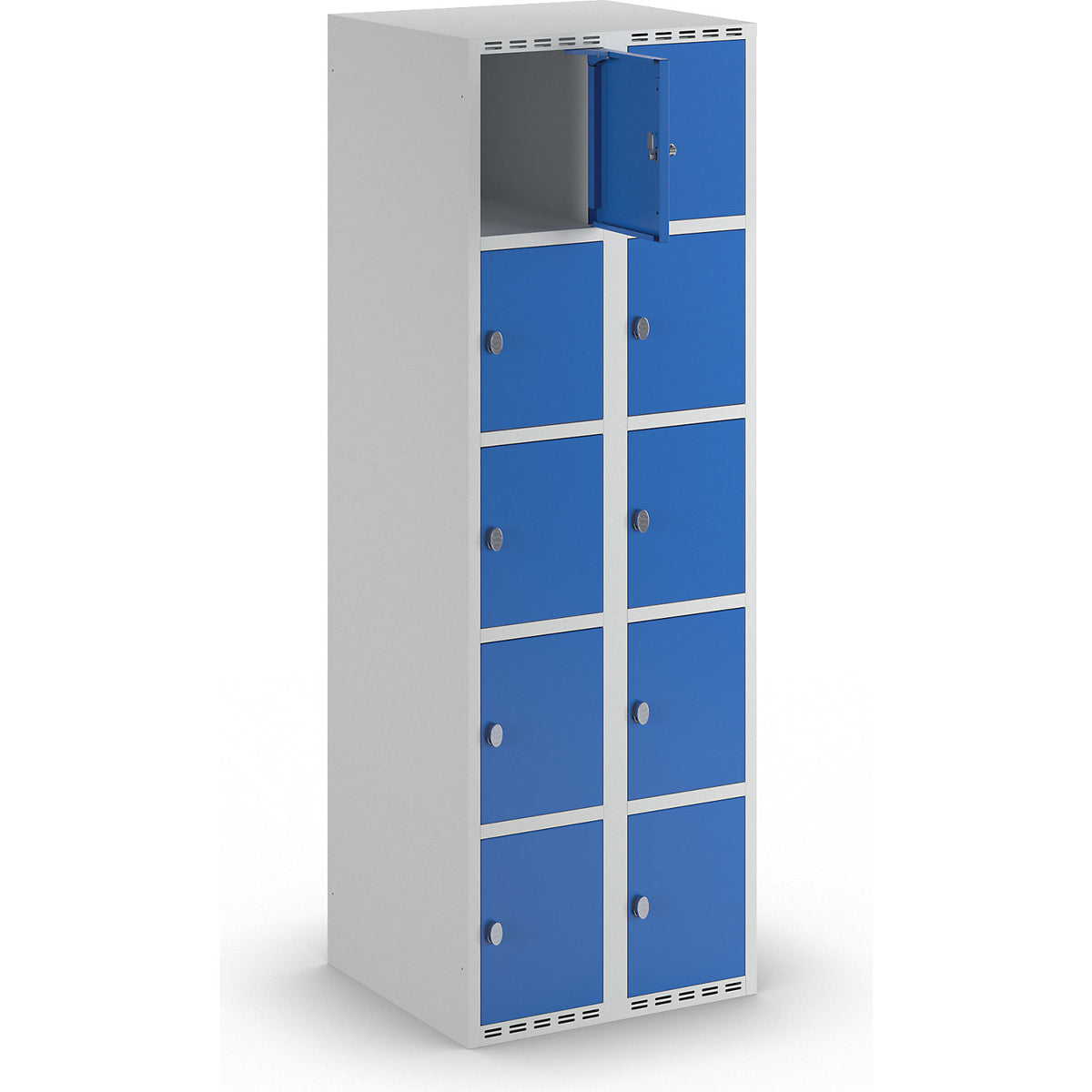 Fydor 5-fold compartment locker, 2 compartments, light grey / gentian blue, W 600 mm, flat roof shape, padlock.