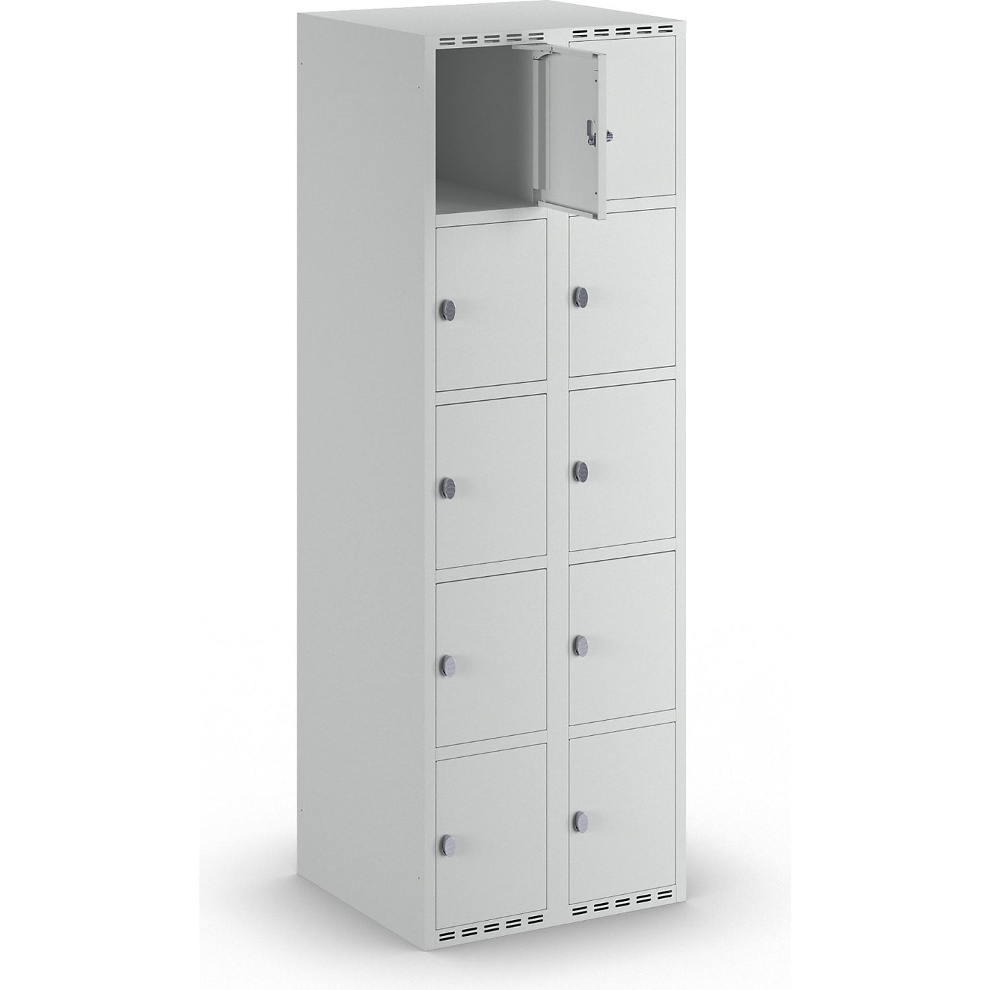 Fydor 5-fold compartment locker, 2 compartments, light grey, W 600 mm, flat roof shape, padlock.