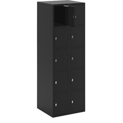 Fydor 5-fold compartment locker, 2 compartments, black, W 600 mm, flat roof shape, padlock.