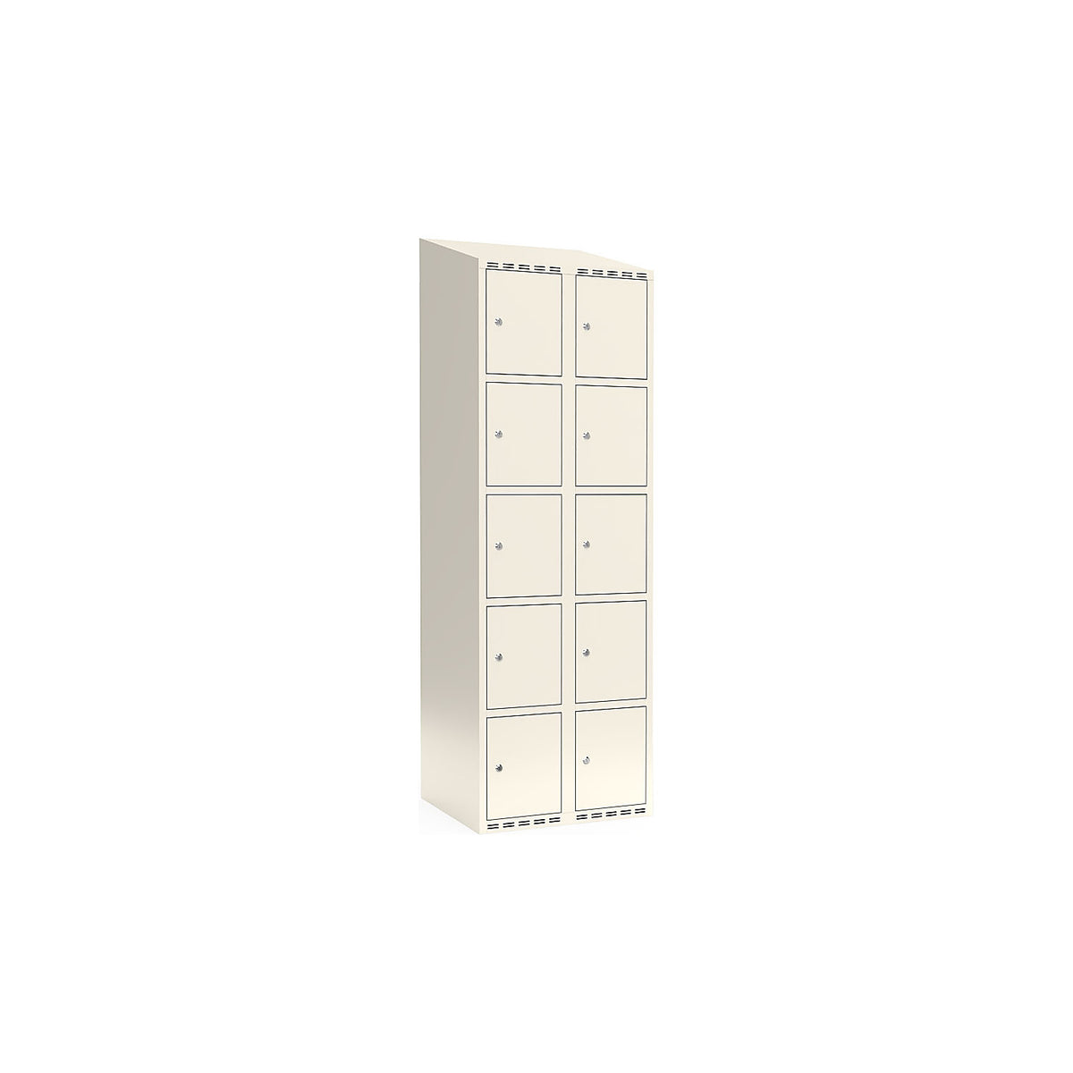 Fydor 5-fold compartment locker, 2 compartments, white, W 600 mm, sloping roof shape, cylinder lock.