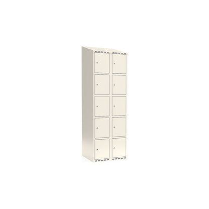 Fydor 5-fold compartment locker, 2 compartments, white, W 600 mm, sloping roof shape, cylinder lock.