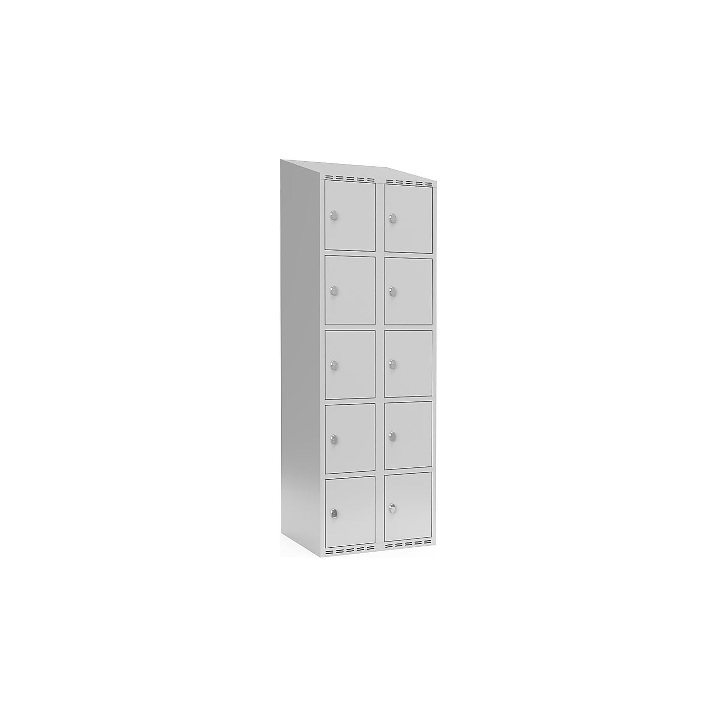 Fydor 5-fold compartment locker, 2 compartments, light grey, W 600 mm, sloping roof shape, padlock.
