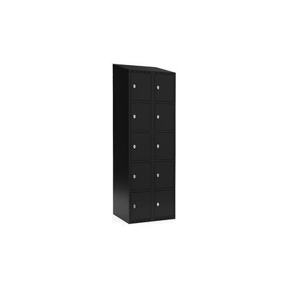 Fydor 5-fold compartment locker, 2 compartments, black, W 600 mm, sloping roof shape, padlock.