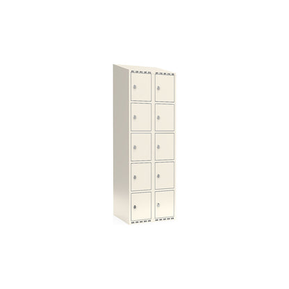Fydor 5-fold compartment locker, 2 compartments, white, W 600 mm, sloping roof shape, padlock.