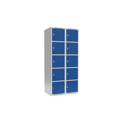 Fydor 5-fold compartment locker, 2 compartments, light grey / gentian blue, W 800 mm, flat roof shape, padlock.