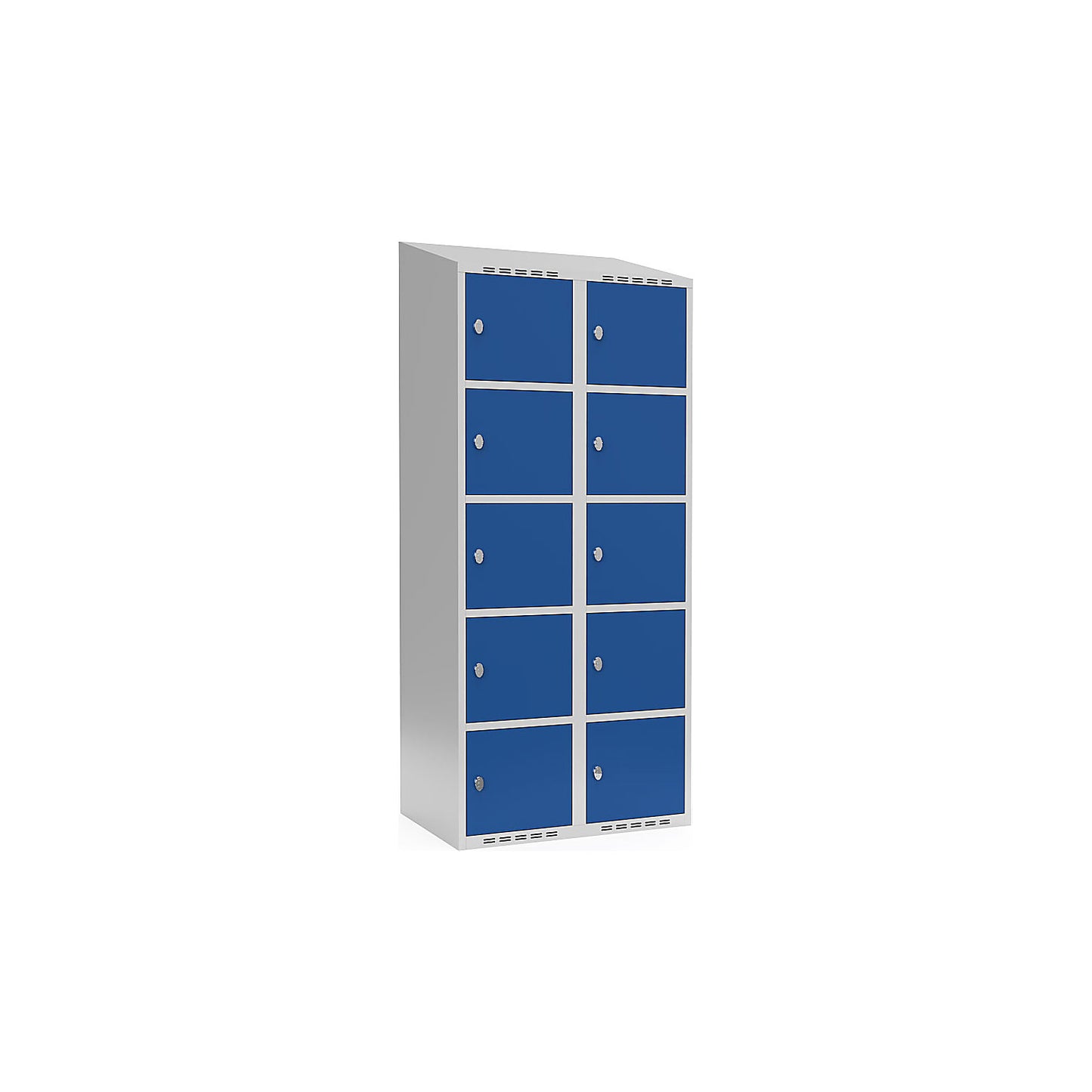 Fydor 5-fold compartment locker, 2 compartments, light grey / gentian blue, W 800 mm, sloping roof shape, padlock.