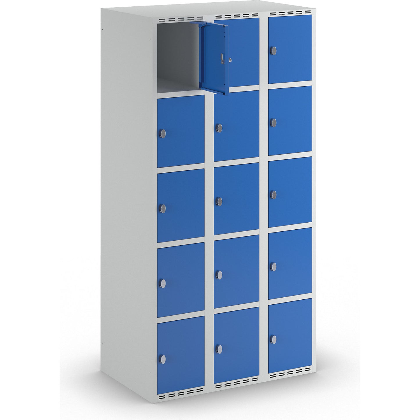 Fydor 5-fold compartment locker, 3 compartments, light grey / gentian blue, W 900 mm, flat roof shape, padlock.