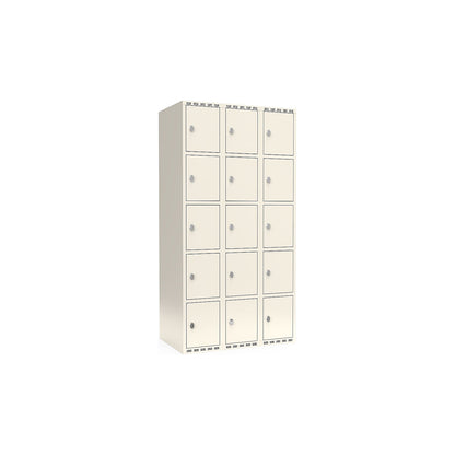 Fydor 5-fold compartment locker, 3 compartments, white, W 900 mm, flat roof shape, padlock.